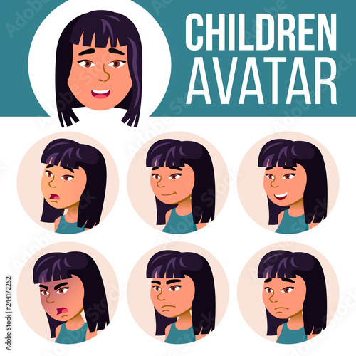 Asian Girl Avatar Set Vector. High School. Face Emotions. Expression, Positive Person. Beauty, Lifestyle. Cartoon Head Illustration
