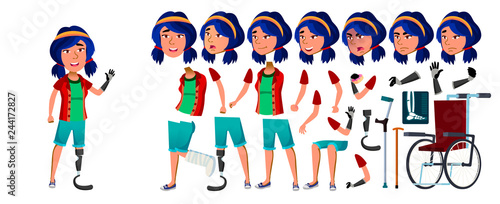 Asian Girl Vector. School Child. Animation Creation Set. Face Emotions, Gestures. Health Concept. Cyborg, Hybrid. Amputation, Prosthesis.. For Presentation, Invitation Design. Animated. Illustration