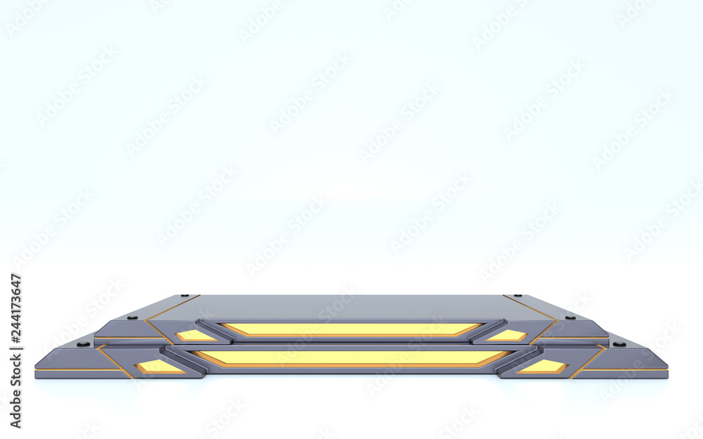 Pedestal for display. Mockup for design. Cyberpunk. Si-fi. 3d render. Dark metal and yellow neon. Pedestal for display. Mockup for design. Cyberpunk. Si-fi. 3d render. Dark metal and yellow neon.