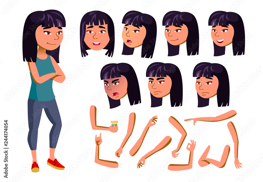 Set Of Asian Teenagers Boy And Girl Sitting Activities Vector Hand