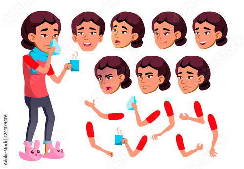 Asian Teen Girl Vector. Teenager. Sick, Cough. Runy Nose. Health. Face Emotions, Various Gestures. Animation Creation Set. Isolated Flat Cartoon Character Illustration