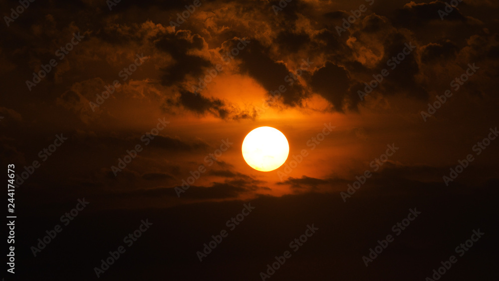 Sunset, sunrise with clouds. orange skies and sun