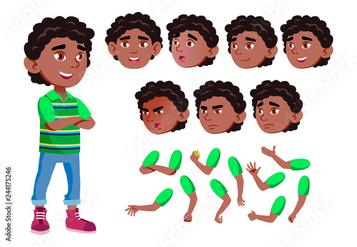 Black, Afro American Boy, Child, Kid, Teen Vector. Joy. Comic. Face Emotions, Various Gestures. Animation Creation Set. Isolated Flat Cartoon Character Illustration