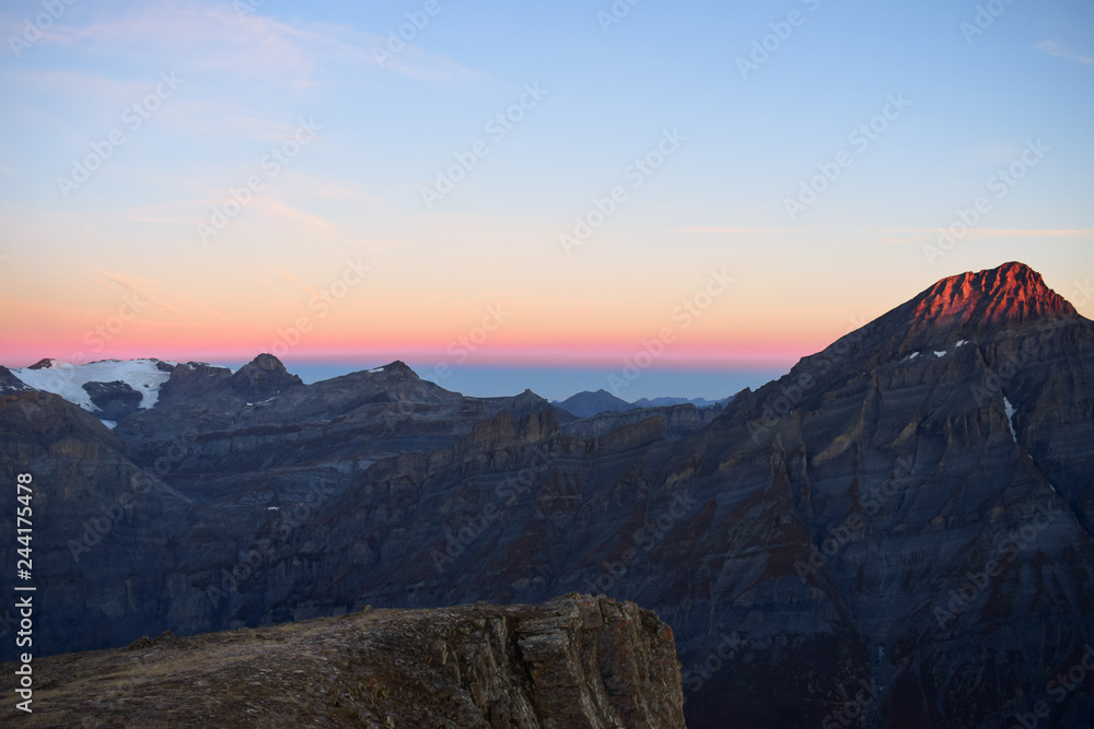 Sunrise on the 3000m high Torrenthorn near Leukerbad, with view of the swiss alps, Switzerland/Europe