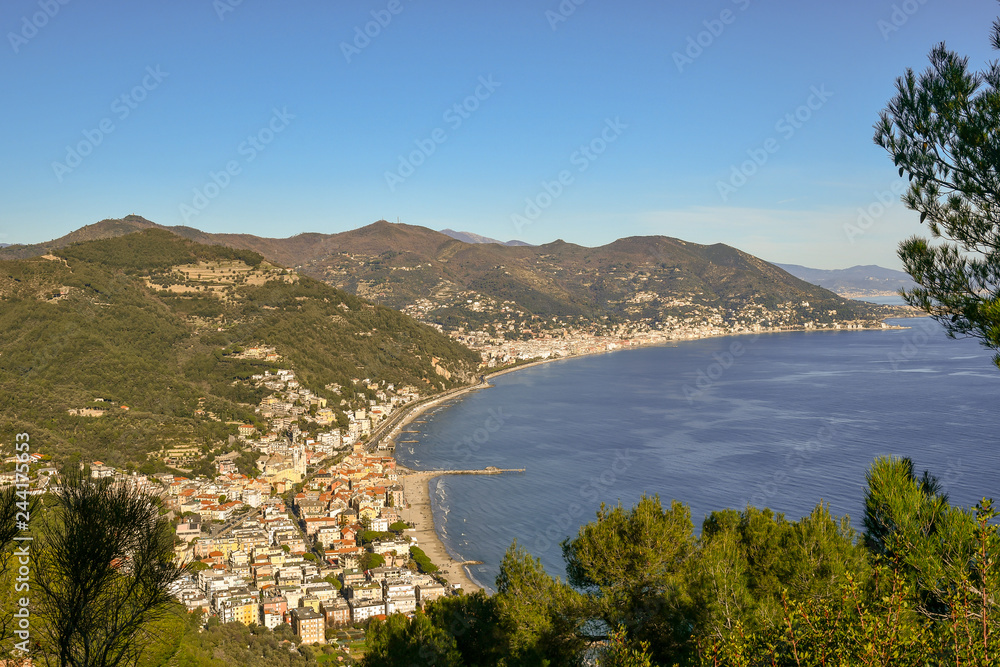 Panoramic view of the Ligurian coast with Laigueglia and Alassio from Capo Mele, Andora Liguria, Italy
