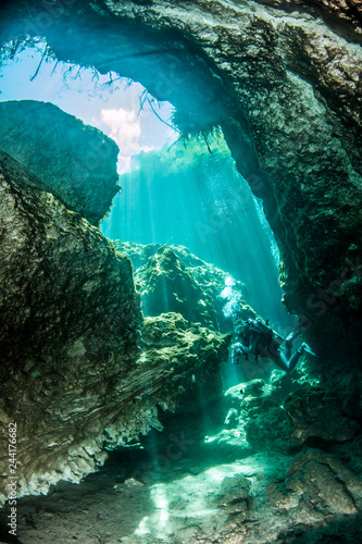 Scuba diving in the Casa Cenote  Tulum  Mexico