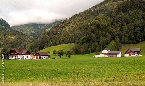 Rural village in the Austrian Alps on a cloudy day