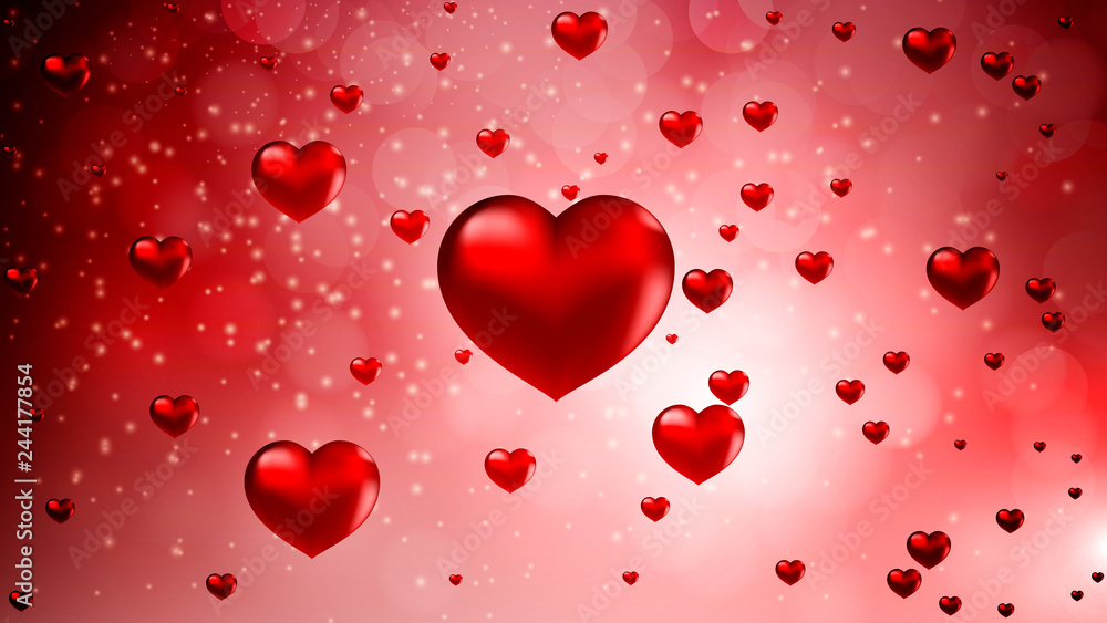 abstract 3d red hearts on bokeh background