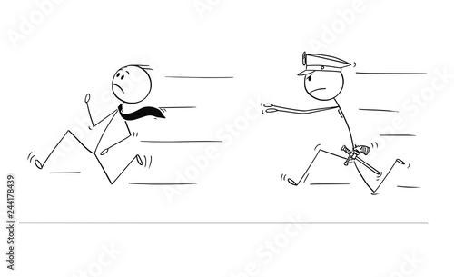 Cartoon stick drawing conceptual illustration of businessman running from policeman chasing or catching him.