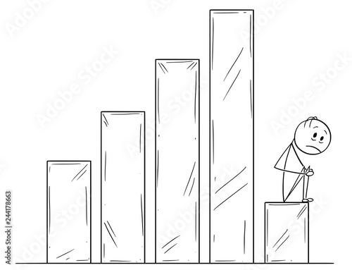 Cartoon stick drawing conceptual illustration of sad or depressed man or businessman sitting on falling or declining business chart or graph. Concept of financial problem.