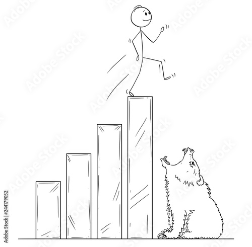 Cartoon stick man drawing conceptual illustration of businessman walking happily and unprepared on raising financial chart ending by open mouth of bear. Metaphor of bear market and market crisis.