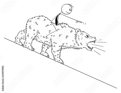 Cartoon drawing conceptual illustration of businessman riding uphill on bear as symbols of falling market prices.