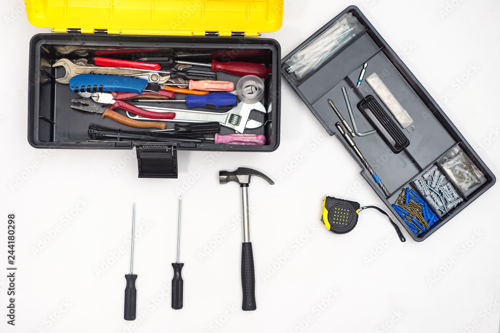 Box with tools on white background Box with tools on white background