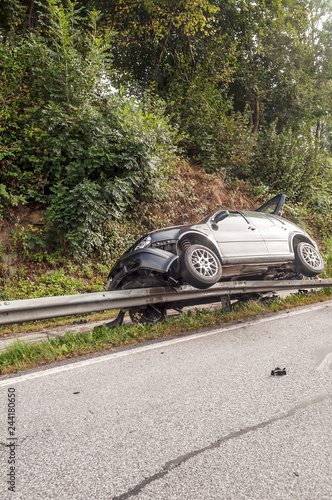 Gosau, Gmunde, Austria-September 2015. Traffic accident on the roads of Gosau in the Austrian alps. You see a white car overturned.