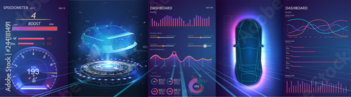  Futuristic car user interface. HUD UI. Hologram of the car, scanning. Abstract virtual graphic touch user interface. Car service in the style of HUD. Virtual graphical interface. Vector Illustration