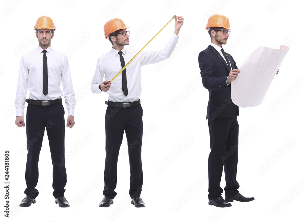 in full growth .a qualified architect in an orange helmet in full growth .a qualified architect in an orange helmet