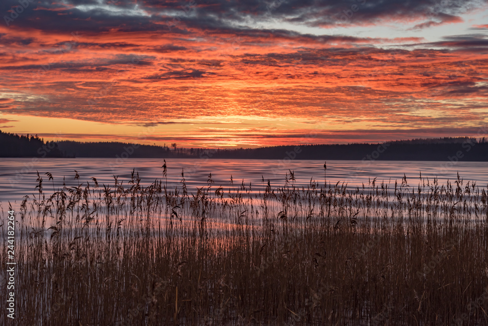 Orange sunset over frozen lake in Sweden