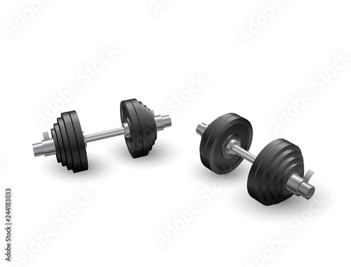 Beautiful realistic perspective view fitness vector of two black iron loadable dumbbells on white background.