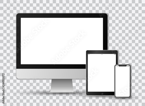 Beautiful realistic vector template set on transparent background of a modern black colored smartphone, a tablet and a computer screen with white screens.