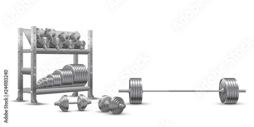 Beautiful realistic fitness vector perspective view on white background of an olympic barbell, steel loadable dumbbels and a storage shelf full of steel weight barbell plates.