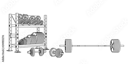 Outline fitness vector perspective view on white background of an olympic barbell, loadable dumbbels and a storage shelf full of weight barbell plates. photo