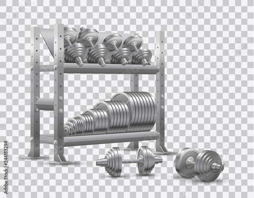 Beautiful realistic fitness vector perspective view on transparent background of a storage shelf full of steel weight barbell plates and of several steel loadable dumbbels.