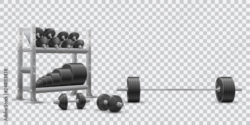 Fototapeta Naklejka Na Ścianę i Meble -  Beautiful realistic fitness vector perspective view on transparent background of an olympic barbell, black iron loadable dumbbels and a storage shelf full of black iron weight barbell plates.