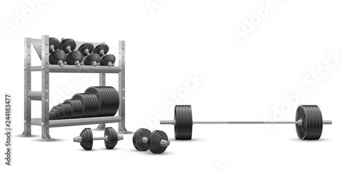 Beautiful realistic fitness vector perspective view on white background of an olympic barbell, black iron loadable dumbbels and a storage shelf full of black iron weight barbell plates.