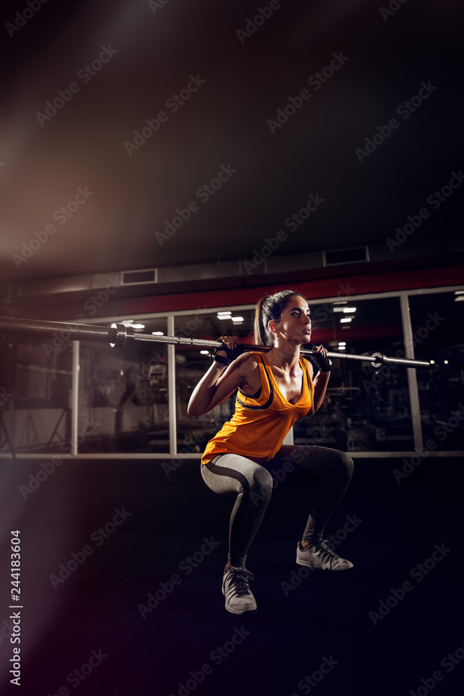 Close up of a young strong fitness female model doing squats with weight. Close up of a young strong fitness female model doing squats with weight.