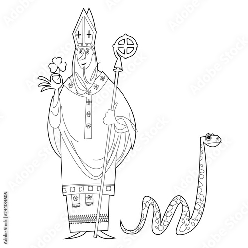 St Patrick (Apostle of Ireland ) banishes snakes from Ireland. The patron saint of Ireland. Black and white. Coloring page.