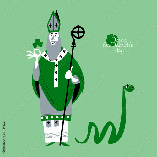 St Patrick (Apostle of Ireland ) banishes snakes from Ireland. The patron saint of Ireland.