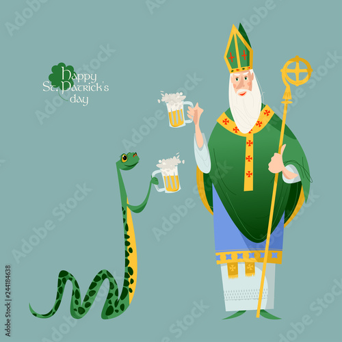 St Patrick (Apostle of Ireland) and a snake holding beer jugs. The patron saint of Ireland and a snake celebrate Saint Patrick’s Day.