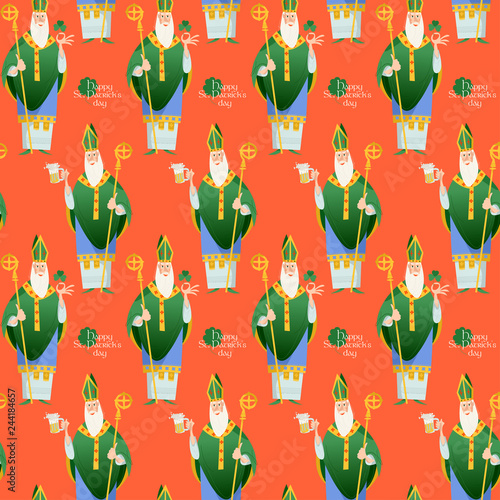 Saint Patrick’s Day. St Patrick (Apostle of Ireland), the patron saint of Ireland holding beer jugs and shamrock. Seamless background pattern.
