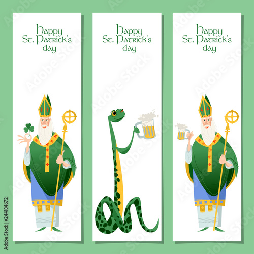 Saint Patrick’s Day. Set of 3 banners with St Patrick (Apostle of Ireland) and snake.