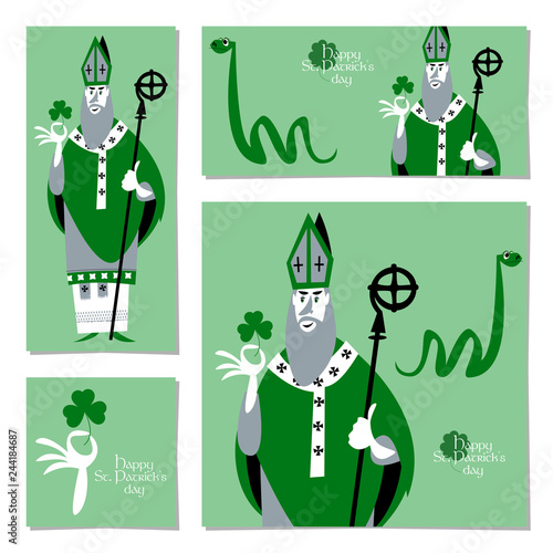 Saint Patrick’s Day. Set of 4 universal cards with St Patrick (Apostle of Ireland) and snake. Template.