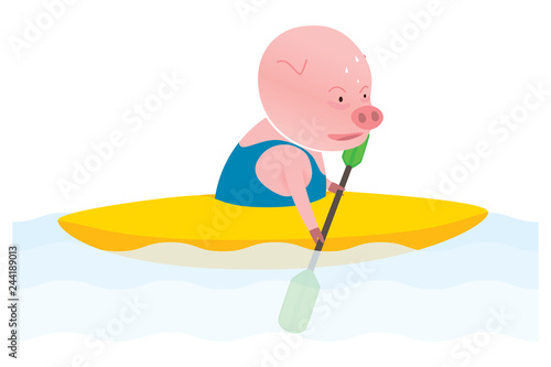 Vector pig cartoon character canoeing isolated on white background. Cartoon emotions