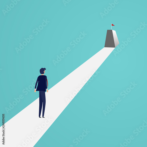 Businessman looking red flag on top of mountain. Business success and Vision concept. Good attitude and achievement concept. Vector illustration