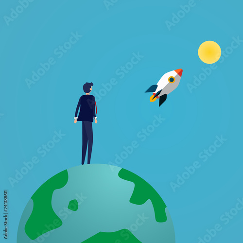 Businessman looking rocket launching to the moon on top of the eco earth. Business success and Vision concept. Good attitude and achievement concept. Vector illustration