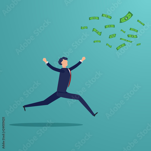 Businessman running to catch money banknote that blow away. Business and Financial concept. Loss profit investment people theme. Character graphic design. Vector illustration for presentation template