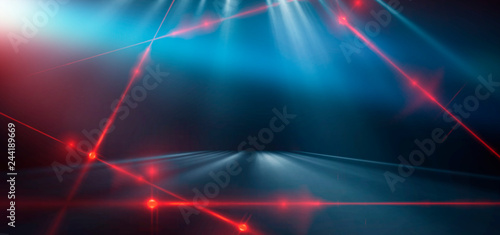 Abstract blue background with neon light  tunnel  corridor  red laser beams  smoke  rays  lines. Product showcase spotlight background. Clean photographer studio. Abstract blue background 