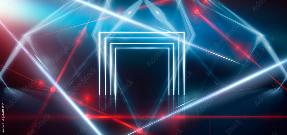 Abstract blue background with neon light, tunnel, arch, corridor, red laser beams, smoke. Light arch. Abstraction of blue with neon, rays, lines. Abstract blue background with neon light, tunnel, arch, corridor, red laser beams, smoke. Light arch. Abstraction of blue with neon, rays, lines.