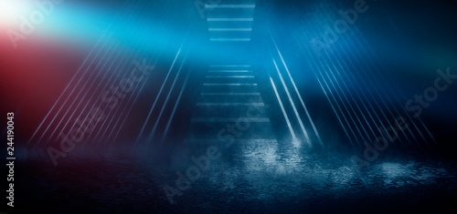 Fototapeta Naklejka Na Ścianę i Meble -  Dark street with smoke, smog, dust, laser beams of red. Abstract dark background of the night city, neon light.