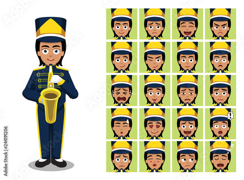 Marching Band Saxophone Girl Cartoon Emotion faces Vector Illustration
