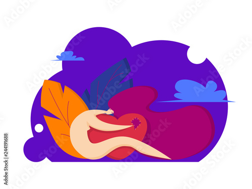 Young girl hugs a broken heart. Beautiful girl sad from unrequited love. Vector illustration in flat style