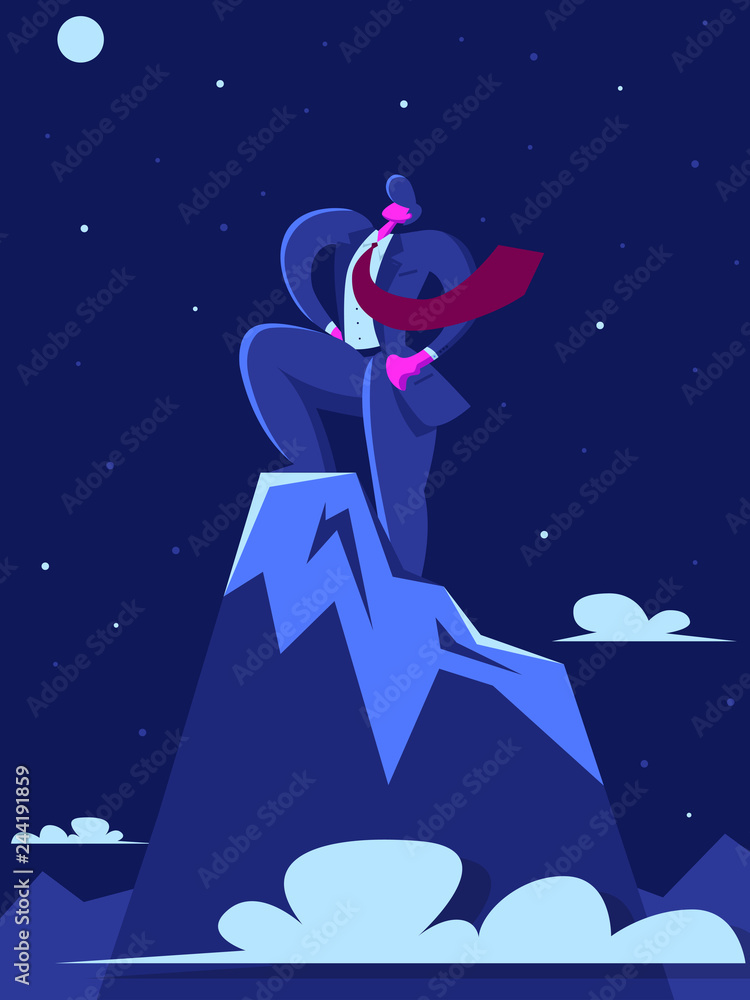 Businessman on top of the mountain looks to the future. Business success concept. Vector illustration in flat style