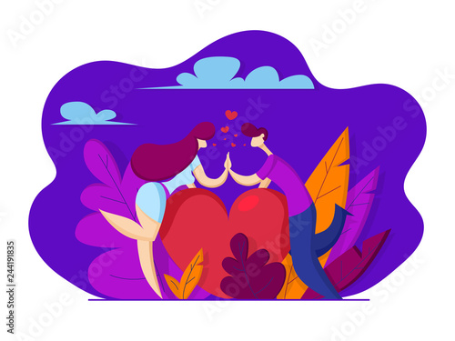 Love couple holding hands. Big heart for two. Happy Valentines card. Vector illustration in flat style