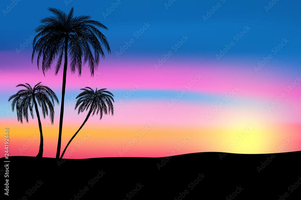 sunset and tropical palm trees with colorful landscape background, vector, eps 10 file sunset and tropical palm trees with colorful landscape background, vector, eps 10 file