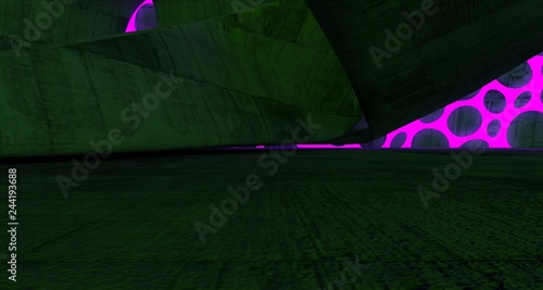 Abstract Concrete Futuristic Sci-Fi interior With Pink And Yellow Glowing Neon Tubes . 3D illustration and rendering.