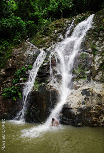 Tourists swimming in Marinka Waterfall in Minca  Colombia  Europe