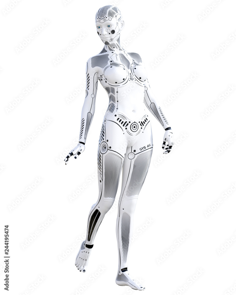 Robot woman. White metal droid. Android girl. Artificial Intelligence. Conceptual fashion art. Realistic 3D render illustration. Studio, isolate, high key.